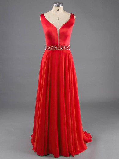 Beautiful V-neck Straps Chiffon Sweep Train with Beading Red Prom Dresses #LDB020100111
