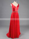 Beautiful V-neck Straps Chiffon Sweep Train with Beading Red Prom Dresses #LDB020100111