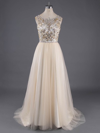 Champagne Tulle Scoop Neck Crystal Detailing Backless Floor-length Prom Dresses #LDB020100138