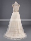 Champagne Tulle Scoop Neck Crystal Detailing Backless Floor-length Prom Dresses #LDB020100138