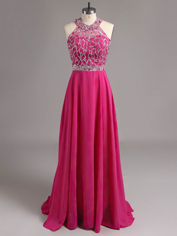 A-line Scoop Neck Chiffon Tulle Beading Claret Open Back Prom Dresses #LDB020100944