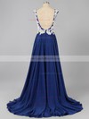 Open Back Scoop Neck Black Chiffon Appliques Lace Sweep Train Prom Dresses #LDB020101111