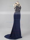 Trumpet/Mermaid Dark Navy Tulle Silk-like Satin Appliques Lace Backless Sweep Train Prom Dress #LDB020101209