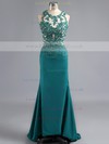 Trumpet/Mermaid Dark Navy Tulle Silk-like Satin Appliques Lace Backless Sweep Train Prom Dress #LDB020101209
