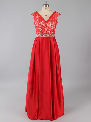 V-neck Red Satin Beading Princess Cap Straps Prom Dress #LDB020101514