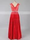 V-neck Red Satin Beading Princess Cap Straps Prom Dress #LDB020101514
