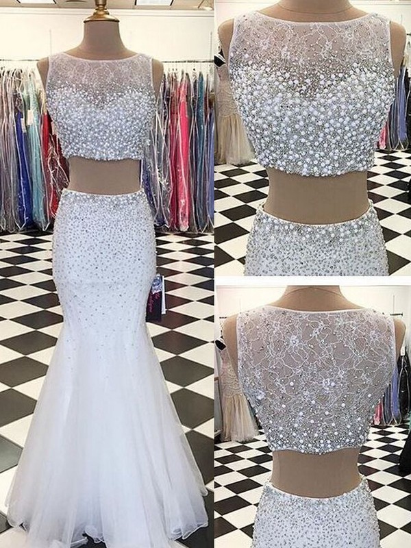 Sheath/Column Scoop Neck Ivory Lace Beading Two-pieces Prom Dress #LDB020101587
