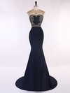 Dark Navy Satin Tulle Sweep Train Beading Gorgeous Trumpet/Mermaid Prom Dresses #LDB020101652