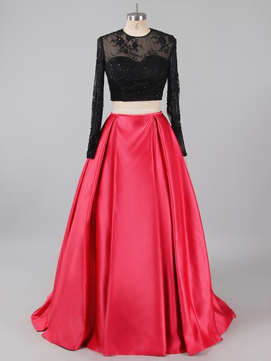 Two-pieces Red Satin Tulle Sweep Train Appliques Lace Long Sleeve Prom Dress #LDB020101722