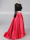 Two-pieces Red Satin Tulle Sweep Train Appliques Lace Long Sleeve Prom Dress #LDB020101722