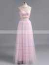 Two-pieces Scoop Neck Tulle Floor-length Beading Champagne Prom Dress #LDB020101743