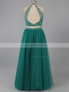 A-line Scoop Neck Dark Green Tulle Beading Two-pieces Prom Dress #LDB020101744