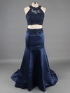 Trumpet/Mermaid Two Pieces Satin Tulle Sweep Train Appliques Lace Blue Prom Dresses #LDB020101940