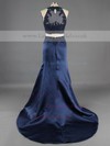 Trumpet/Mermaid Two Pieces Satin Tulle Sweep Train Appliques Lace Blue Prom Dresses #LDB020101940