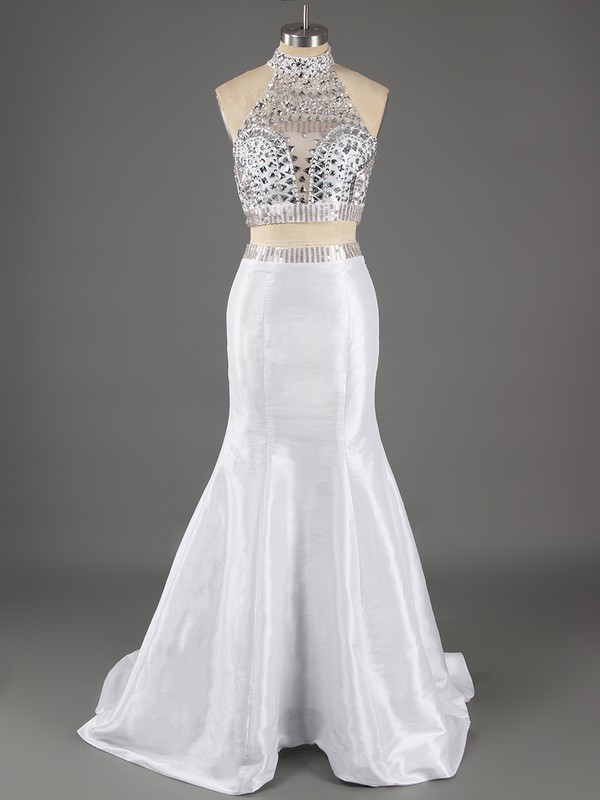 Trumpet/Mermaid High Neck Taffeta Beading White Two-pieces Prom Dresses #LDB020101995