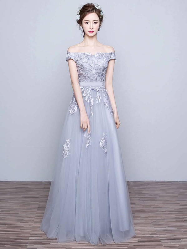 A-line Off-the-shoulder Tulle Floor-length Appliques Lace Prom Dresses #LDB020102047