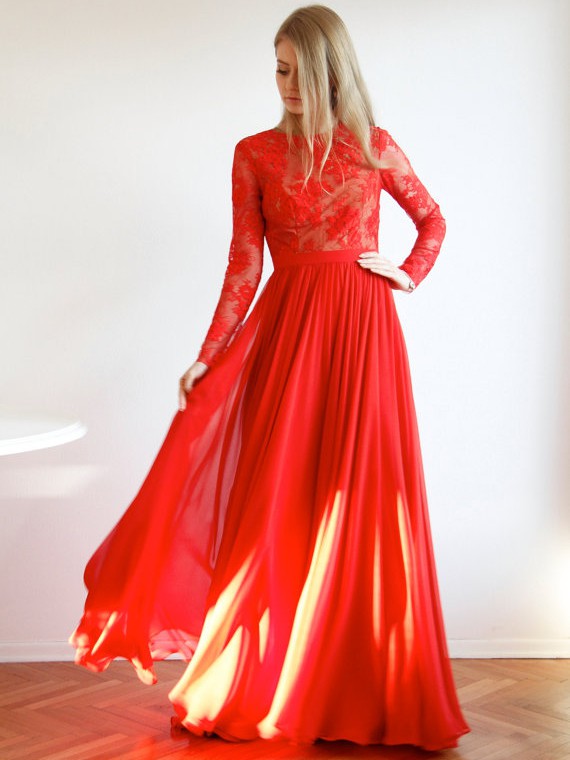 Red Scoop Neck Chiffon Appliques Lace Long Sleeve Open Back Prom Dresses #LDB020102082