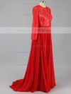 Red Scoop Neck Chiffon Appliques Lace Long Sleeve Open Back Prom Dresses #LDB020102082