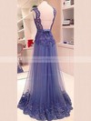 Popular Royal Blue Lace Tulle V-neck Sashes / Ribbons Open Back Prom Dress #LDB02018702