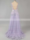 Popular Royal Blue Lace Tulle V-neck Sashes / Ribbons Open Back Prom Dress #LDB02018702