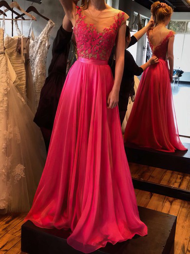 A-line Scoop Neck Chiffon Floor-length Appliques Lace Prom Dresses #LDB02018717
