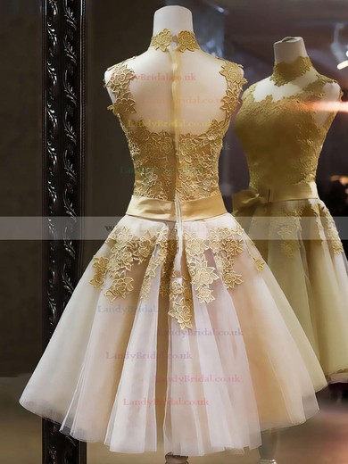Popular High Neck Multi Colours Tulle Appliques Lace Knee-length Prom Dresses #LDB020101414