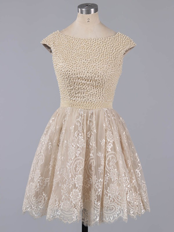 Short/Mini Scoop Neck White Lace Pearl Detailing Cap Straps Prom Dress #LDB020101436