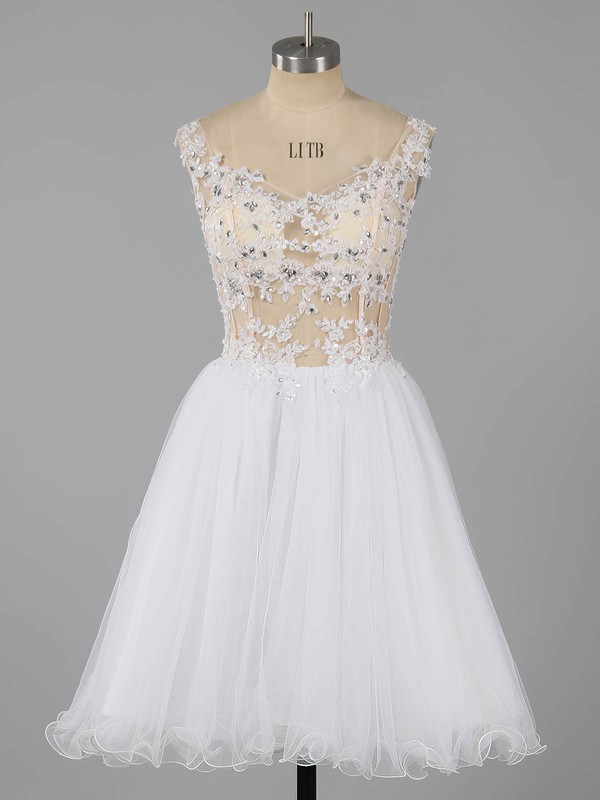 Off-the-shoulder White Tulle Beading Lace-up Short/Mini Prom Dresses #LDB020101466