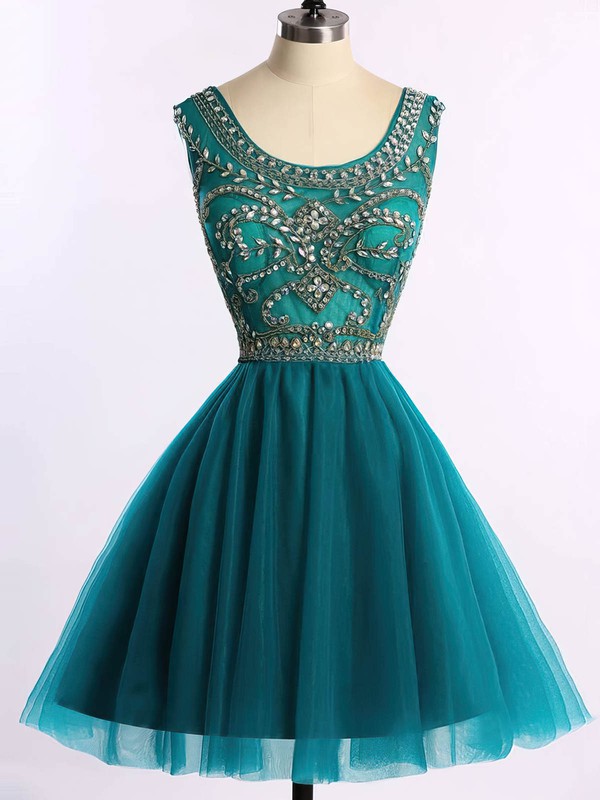 Scoop Neck Sparkly Dark Green Tulle Beading Short/Mini Prom Dress #LDB020101675