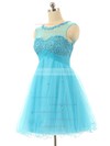 Cap Straps A-line Tulle Short/Mini Beading Blue Prom Dresses #LDB020101797