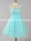 Cap Straps A-line Tulle Short/Mini Beading Blue Prom Dresses #LDB020101797