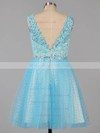 Square Neckline Blue Tulle Short/Mini Beading Backless Prom Dresses #LDB02019155