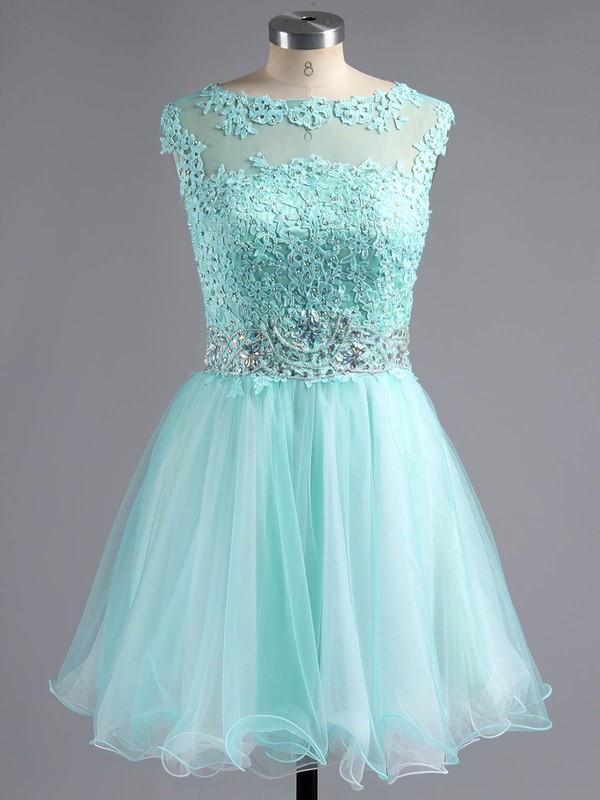Scoop Neck Light Sky Blue Tulle Appliques Lace Cap Straps Short/Mini Online Prom Dress #LDB02042343