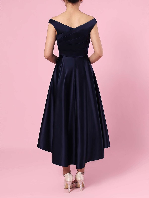 A-line Off-the-shoulder Satin Asymmetrical Ruffles Bridesmaid Dresses #LDB01013570