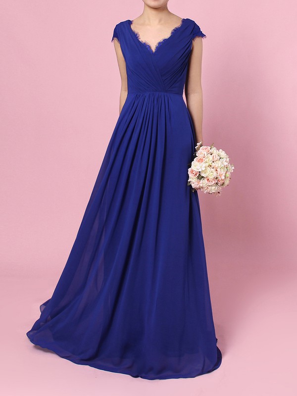 Lace Chiffon V-neck A-line Floor-length Ruffles Bridesmaid Dresses #LDB01013492