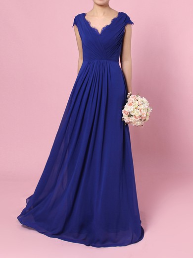 Lace Chiffon V-neck A-line Floor-length Ruffles Bridesmaid Dresses #LDB01013492