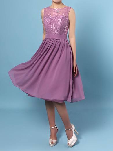 Lace Chiffon Scoop Neck A-line Knee-length Sashes / Ribbons Bridesmaid Dresses #LDB01013556