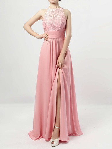 A-line Scoop Neck Lace Chiffon Floor-length Ruffles Bridesmaid Dresses #LDB01013465