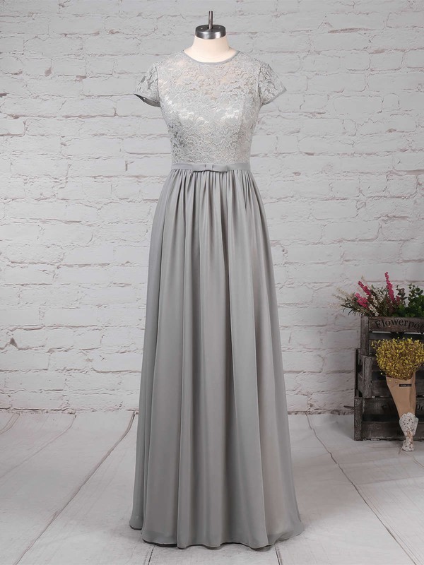A-line Scoop Neck Lace Chiffon Floor-length Sashes / Ribbons Bridesmaid Dresses #LDB01013469