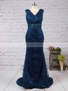 Trumpet/Mermaid V-neck Lace Sweep Train Appliques Lace Prom Dresses #LDB02014905