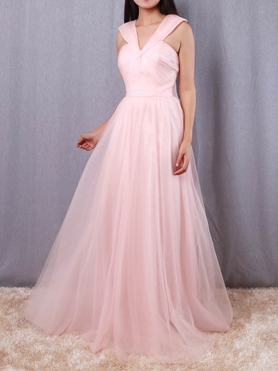 A-line V-neck Tulle Floor-length Ruffles Bridesmaid Dresses #LDB01013562