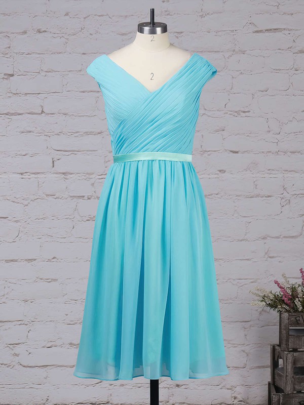 Chiffon V-neck A-line Tea-length Sashes / Ribbons Bridesmaid Dresses #LDB01013475