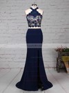 Sheath/Column High Neck Silk-like Satin Sweep Train Lace Prom Dresses #LDB020105921