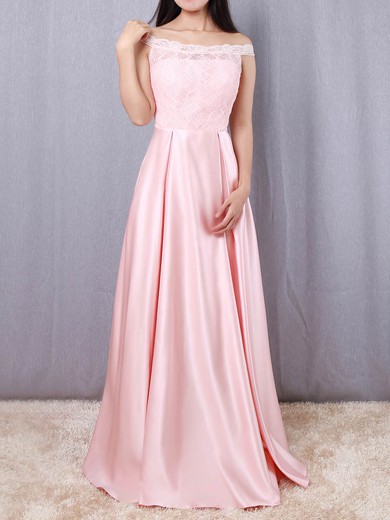 Lace Satin Off-the-shoulder A-line Floor-length Prom Dresses #LDB020105042