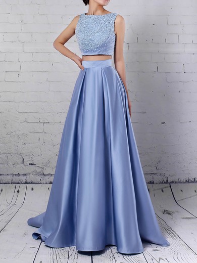 Satin Scoop Neck Princess Floor-length Beading Prom Dresses #LDB020105049