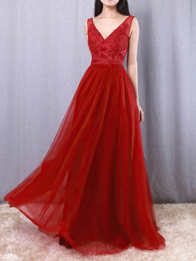 Tulle V-neck A-line Floor-length Appliques Lace Prom Dresses #LDB020105082