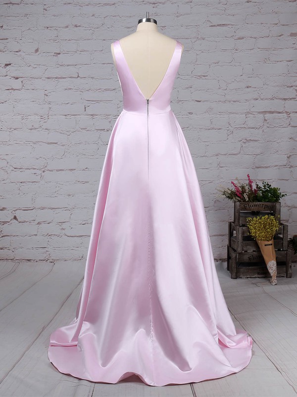 Satin V-neck Princess Sweep Train Pockets Prom Dresses #LDB020105849