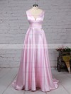 Satin V-neck Princess Sweep Train Pockets Prom Dresses #LDB020105849