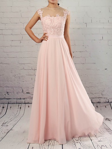 Chiffon Tulle Scoop Neck A-line Floor-length Appliques Lace Prom Dresses #LDB020105858