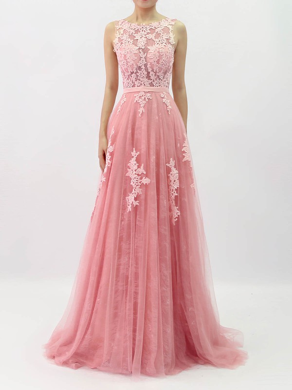 Lace Tulle Scoop Neck Princess Sweep Train Beading Prom Dresses #LDB020105890